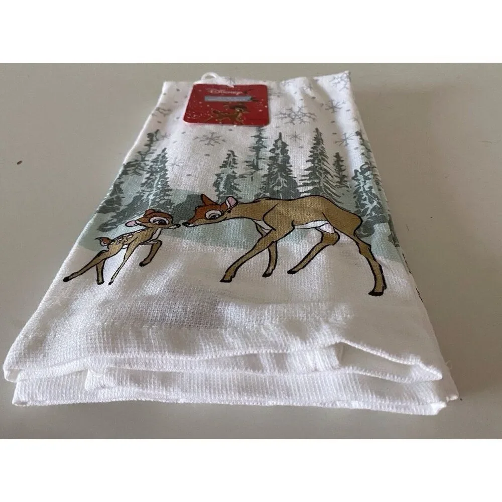 Set‎ Of 2 Disney Kitchen Towels Bambi and Mother Winter Pine Trees Holiday NEW